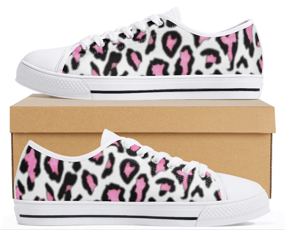 Women's White & Pink/Black Leopard Print Low Top Canvas Shoes