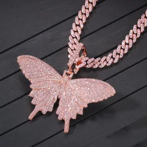 Woowooh Hip Hop Butterfly Pendant with Cuban Chain & Tennis Chain in Pink