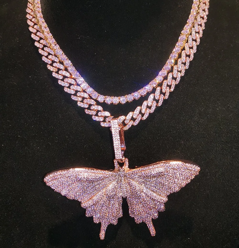 Woowooh Hip Hop Butterfly Pendant with Cuban Chain & Tennis Chain in Pink
