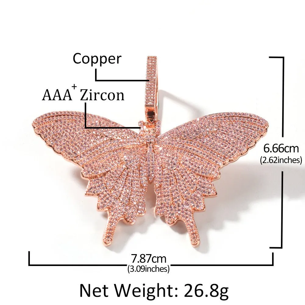 Woowooh Hip Hop Butterfly Pendant with Cuban Chain & Tennis Chain in Pink