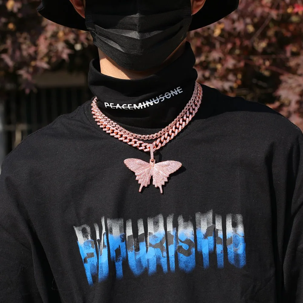 Woowooh Hip Hop Butterfly Pendant with Cuban Chain & Tennis Chain in Pink