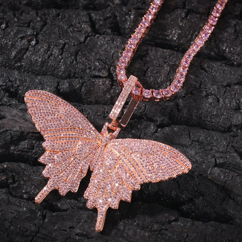 Woowooh Hip Hop Butterfly Pendant with Cuban Chain & Tennis Chain in Pink