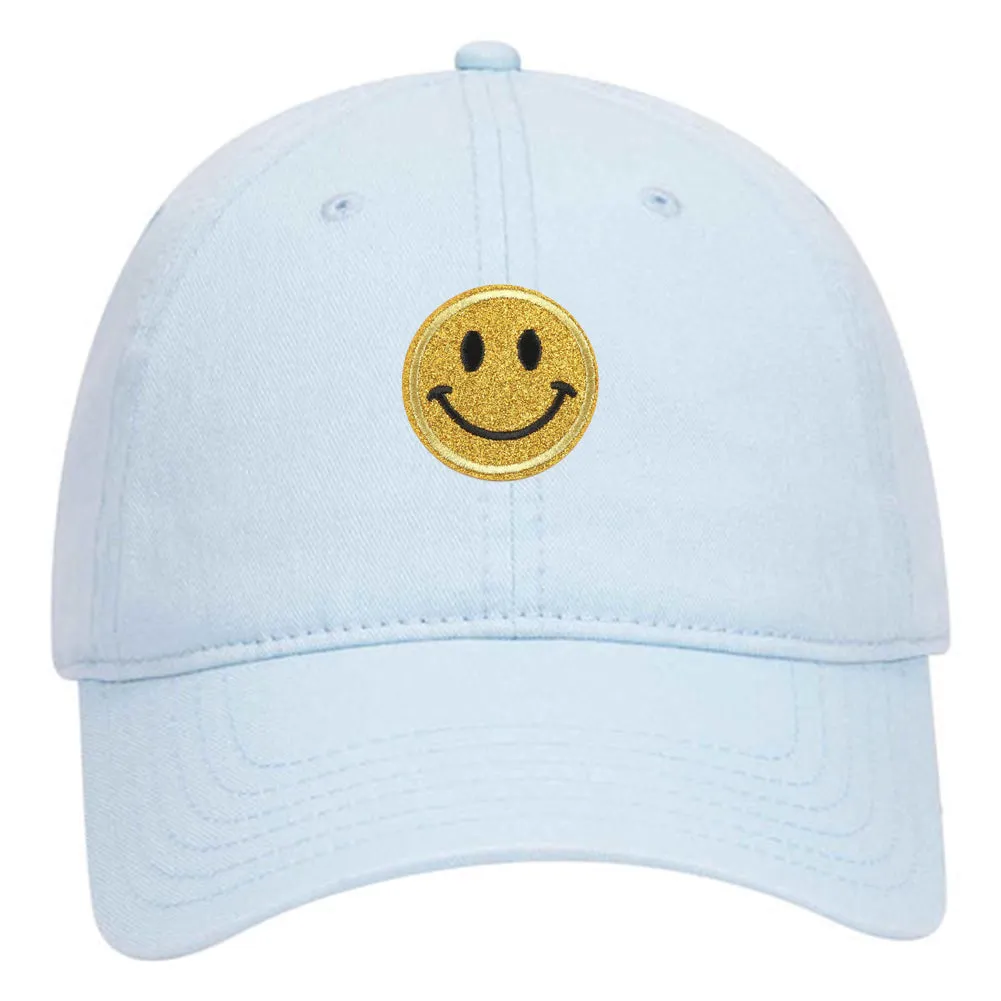 Yellow Glitter Happy Face Embroidered Patch Pastel Tone Garment Washed Superior Cotton Twill Dad Hat - For Women and Men